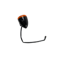 Black teardrop-shaped motorcycle front turn signal with orange lens and attached wiring harness.