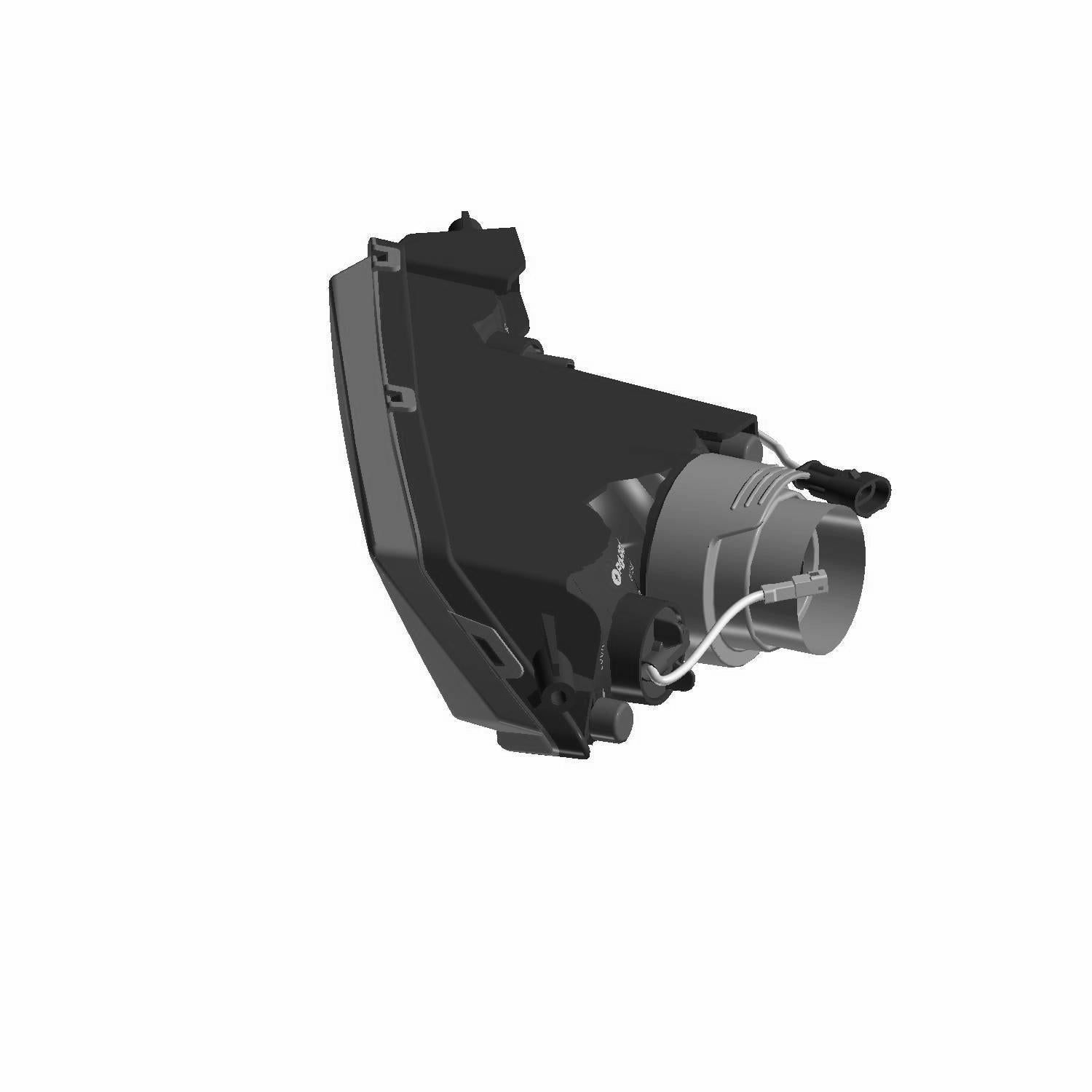 Black and gray left headlight assembly for Polaris Ranger with wiring connector attached.