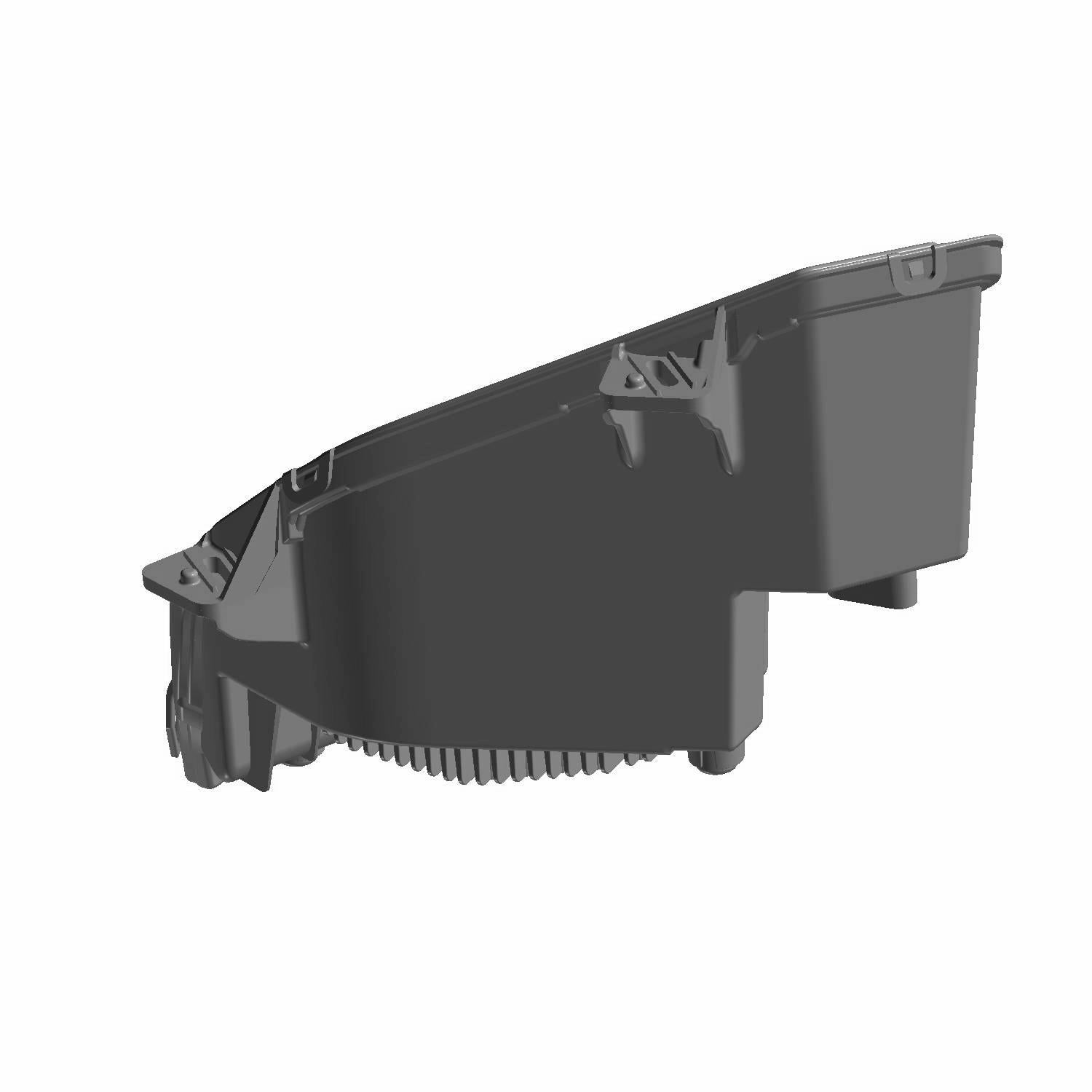 Black plastic right-side headlight housing for Polaris Ranger with mounting points and a curved inner reflector section.