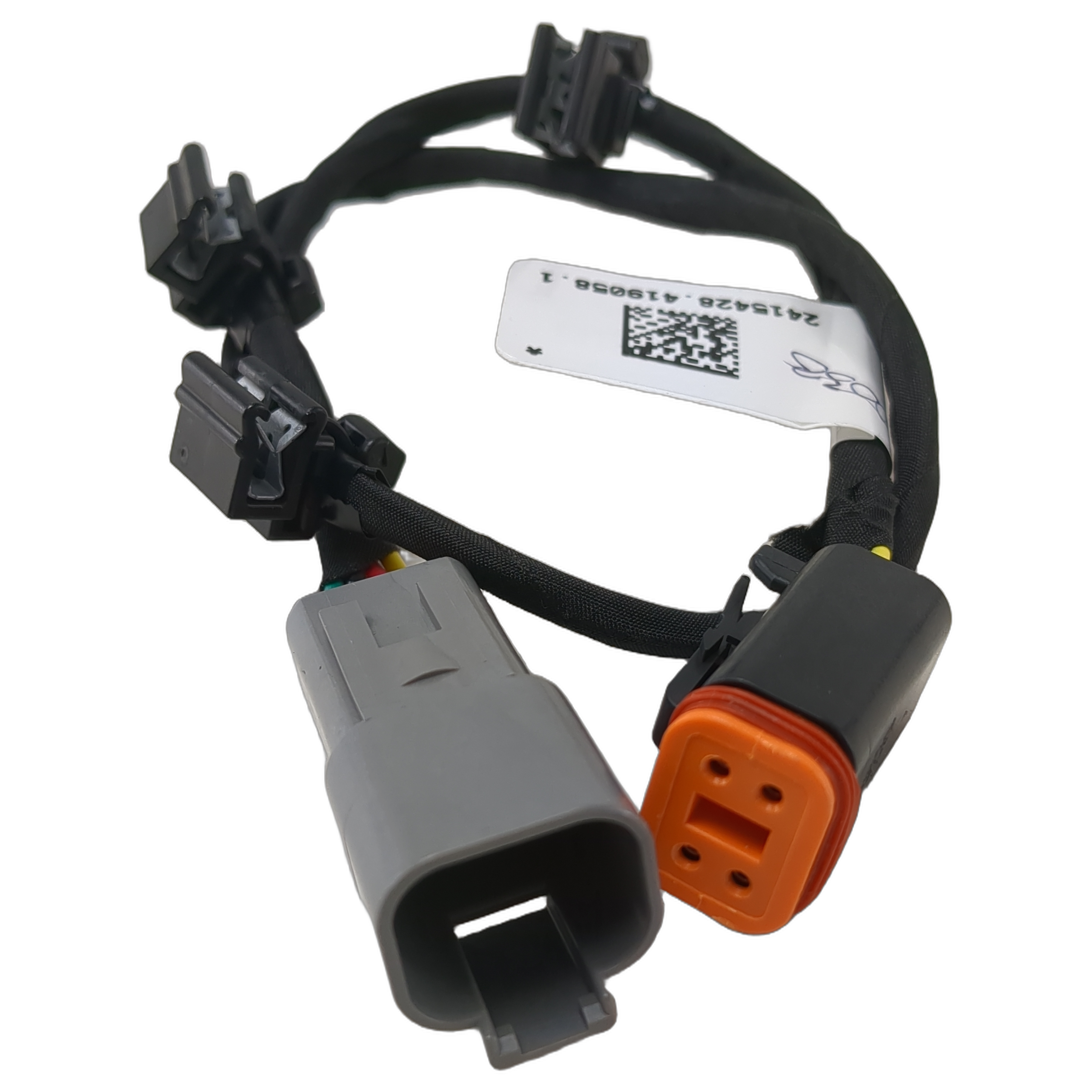 Black wiring harness with gray and orange connectors, four-pin sockets, and protective sheathing.