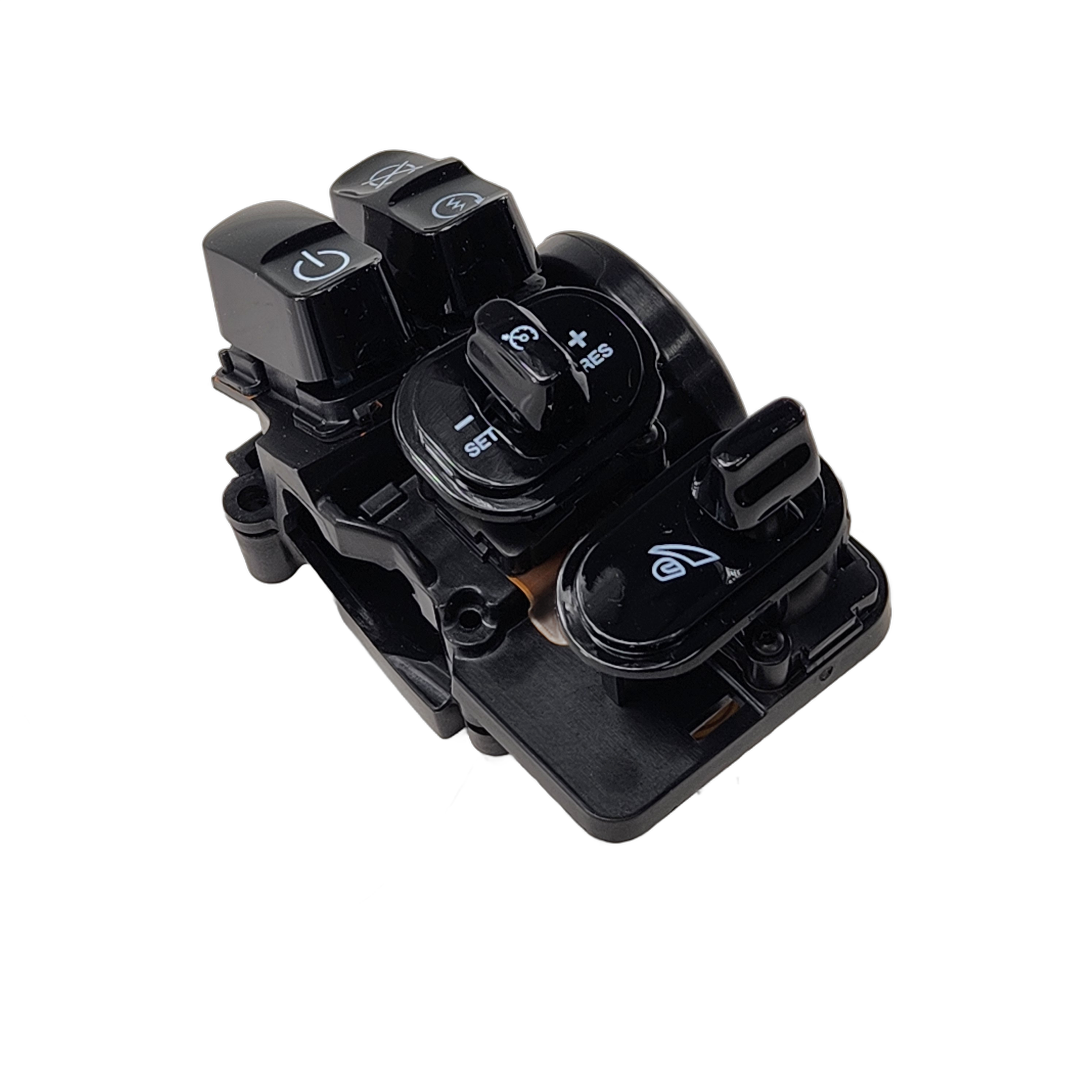 The Switchcrl-3Row RH Pwr 500K by Polaris is a black automotive control switch module for Indian motorcycles, with buttons for settings, power, and lights—perfect OEM replacement part. Isolated on white background.