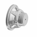 Silver metal subwoofer with a round, vented frame and central cylindrical magnet housing.