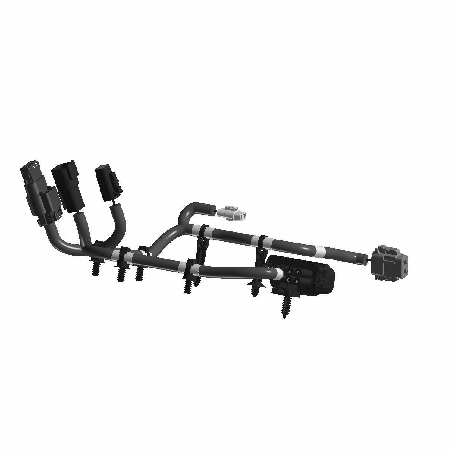 Black metal and plastic Polaris winch prem harness with multiple connectors and mounting clips.