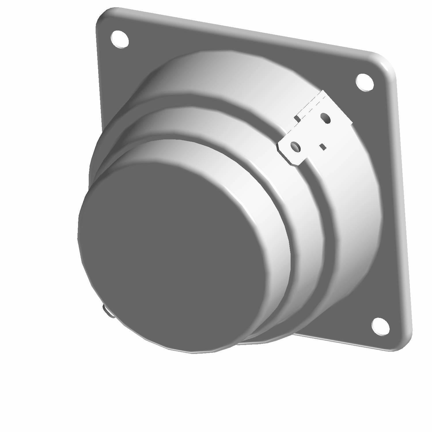 Round black tweeter speaker with square mounting plate and four screw holes.