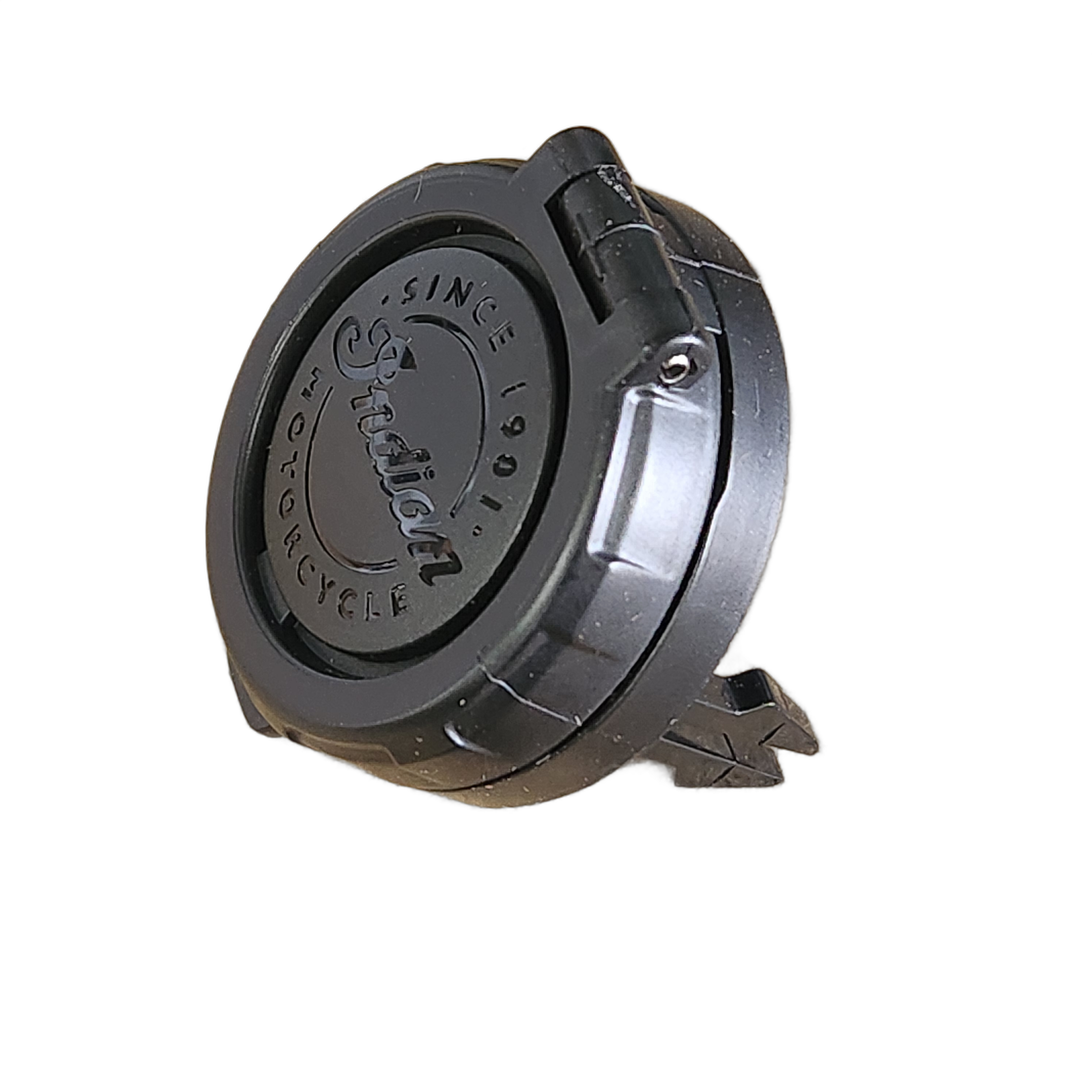 A round, black Asm-Chrg Port 12V Cap Prem Ind by Polaris for Indian Motorcycle, embossed with "Since 1901" on top, is shown against a white background—an authentic part.