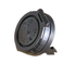 A round, black Asm-Chrg Port 12V Cap Prem Ind by Polaris for Indian Motorcycle, embossed with "Since 1901" on top, is shown against a white background—an authentic part.
