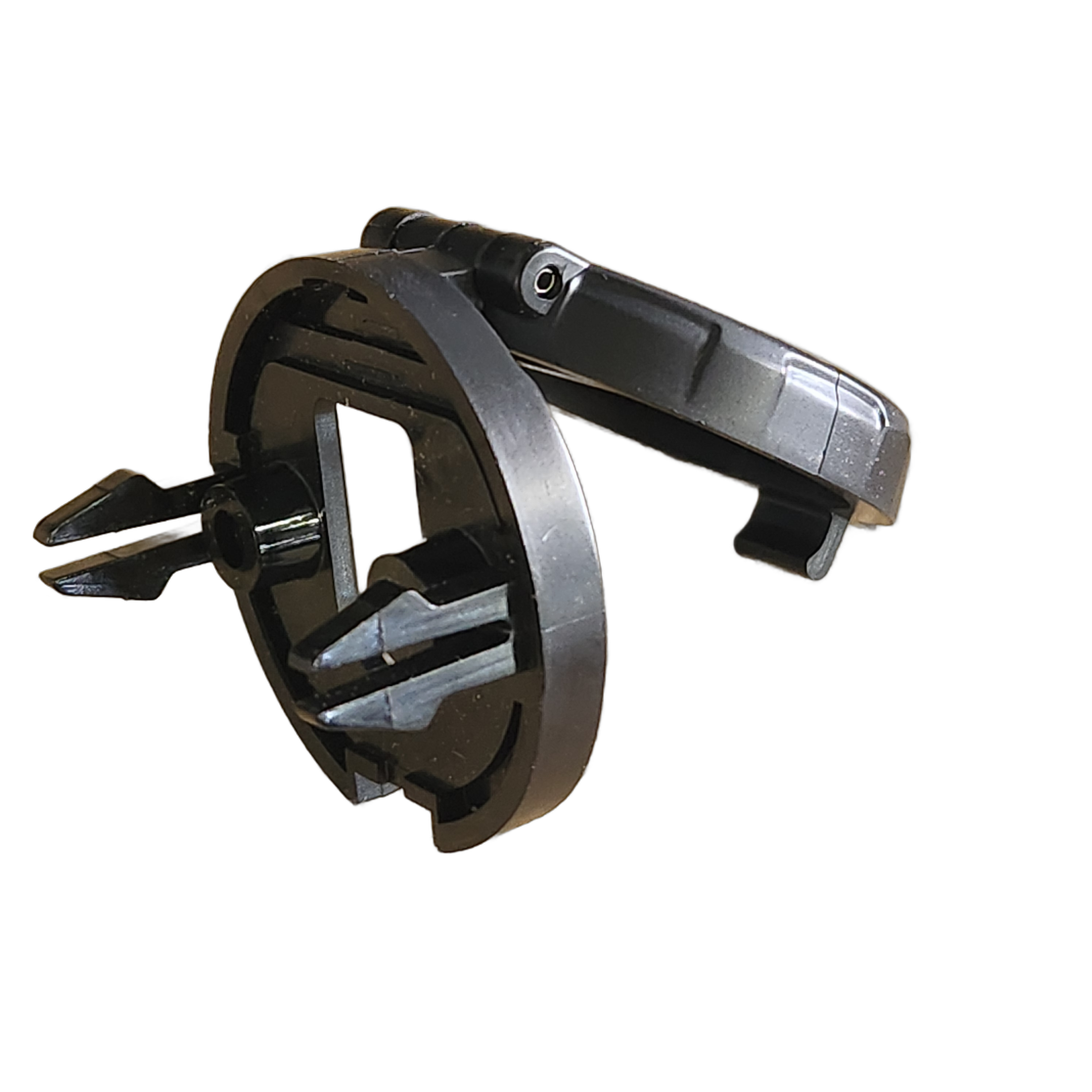 A black plastic Asm-Chrg Port 12V Cap Prem Ind mounting bracket by Polaris with a circular frame and two prongs, designed to hold or attach objects—ideal for Polaris Indian motorcycle parts. Isolated on white.