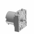 Gray cylindrical motor with square mounting flange and central rotating shaft.