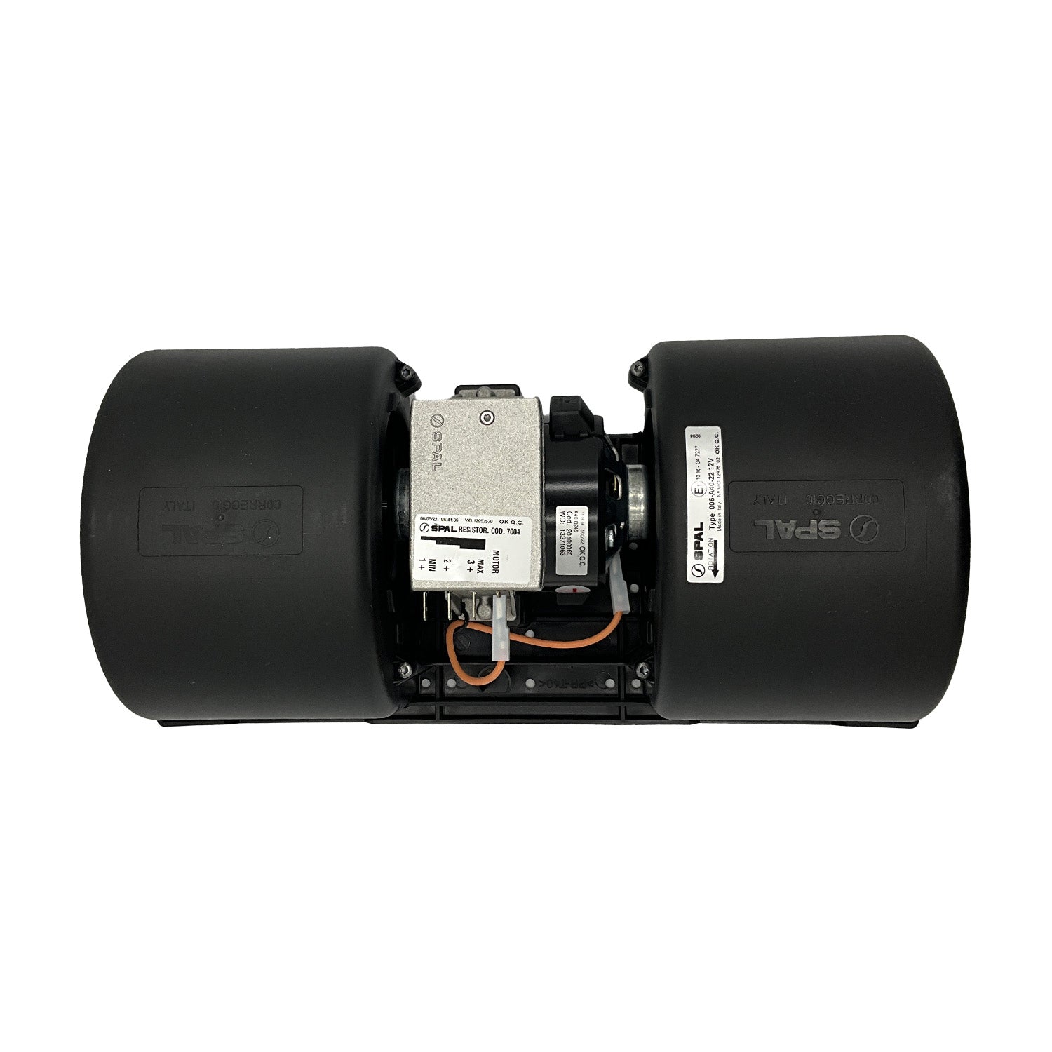 Black dual-cylinder blower heater and A/C unit with central metallic motor and wiring components.
