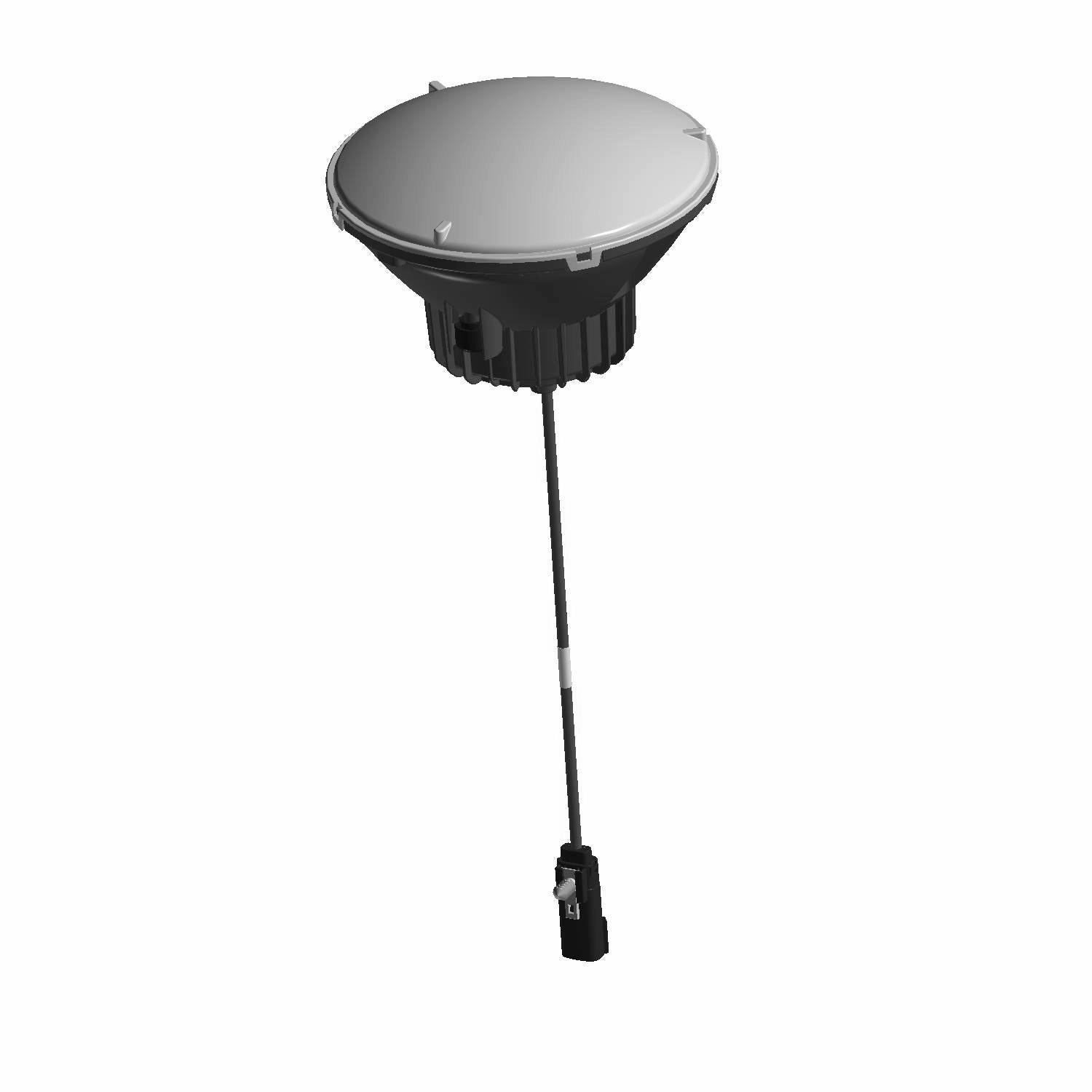 Round black LED motorcycle headlight with a smooth lens and attached wiring harness.