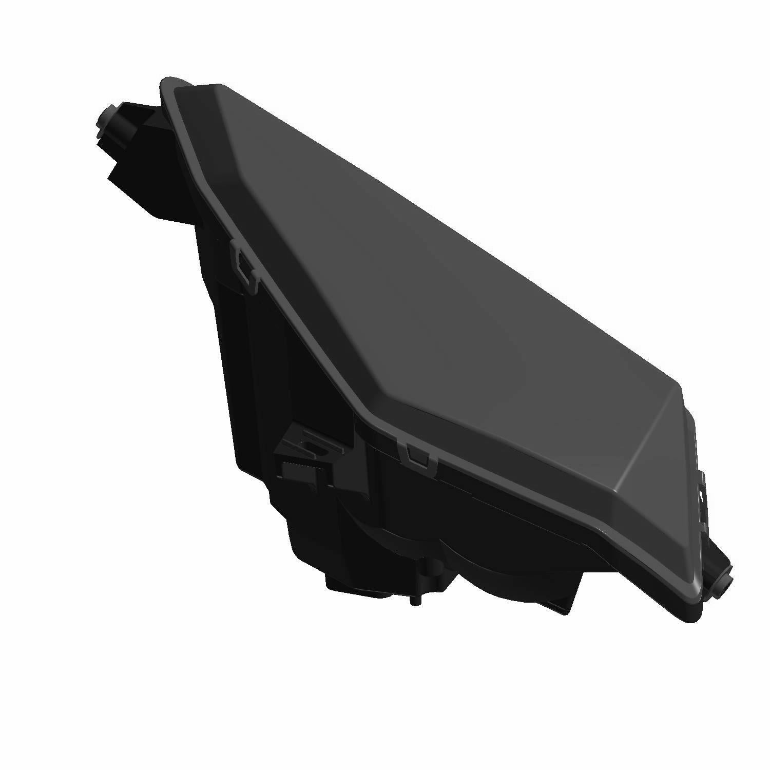 Black angular left headlight unit with a clear lens and integrated mounting bracket for Polaris Ranger UTV.