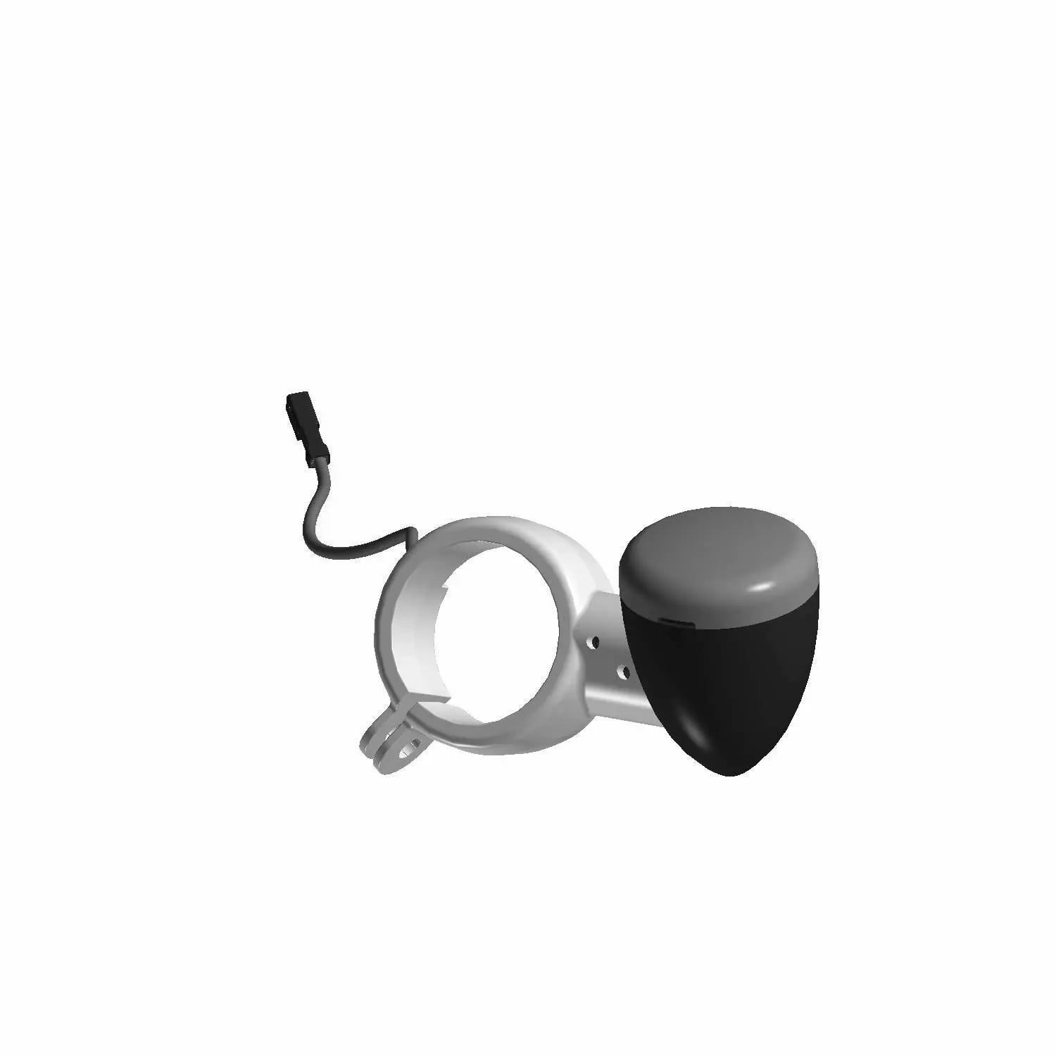 Black teardrop-shaped front left turn signal clamp with silver mounting bracket and wiring harness.