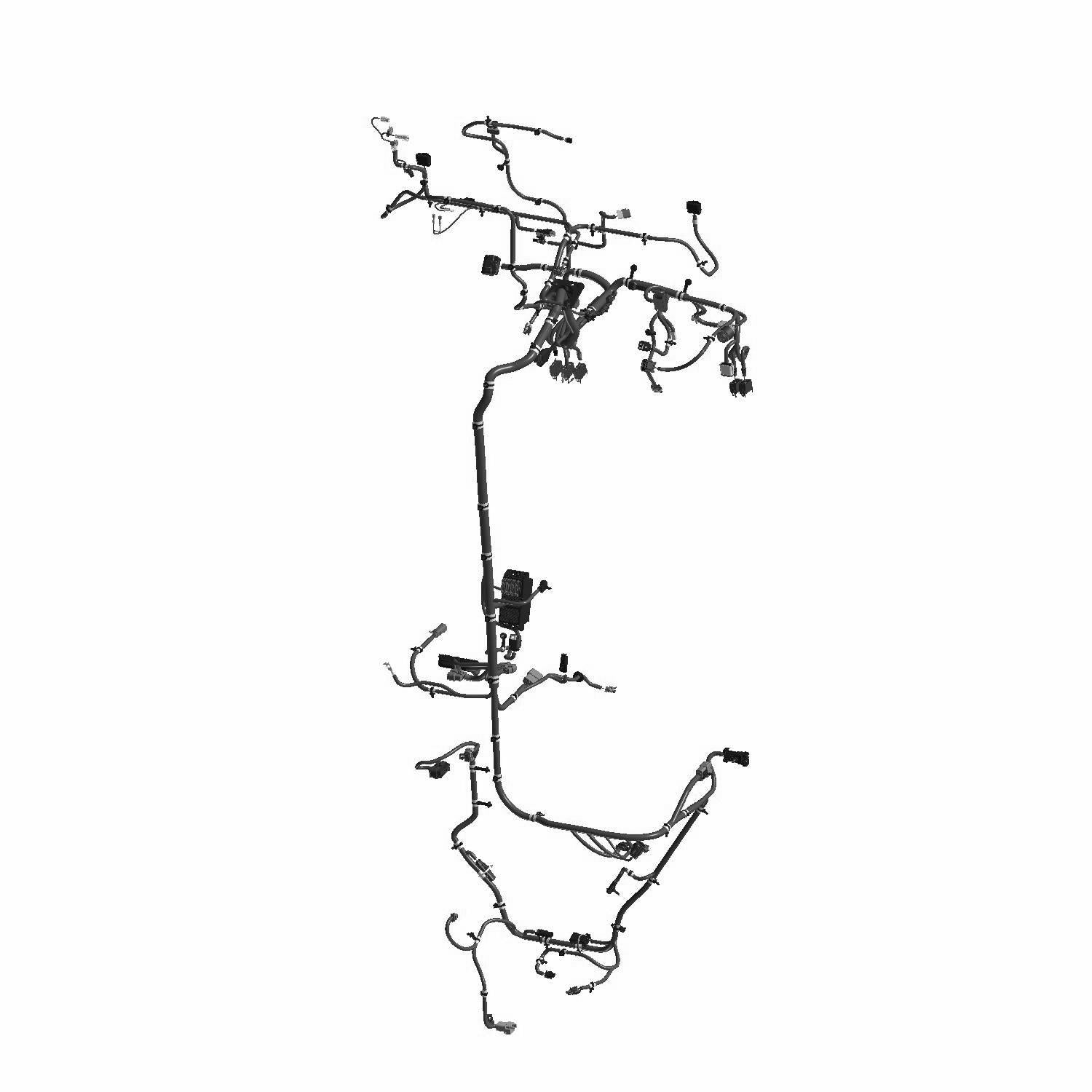 Black intricate chassis wiring harness with multiple connectors and mounting points for Polaris Ranger EV vehicles.