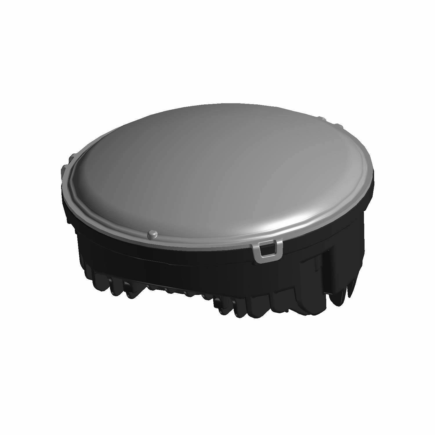 Round black LED headlight with gray lens cover and heat dissipation fins on the base.