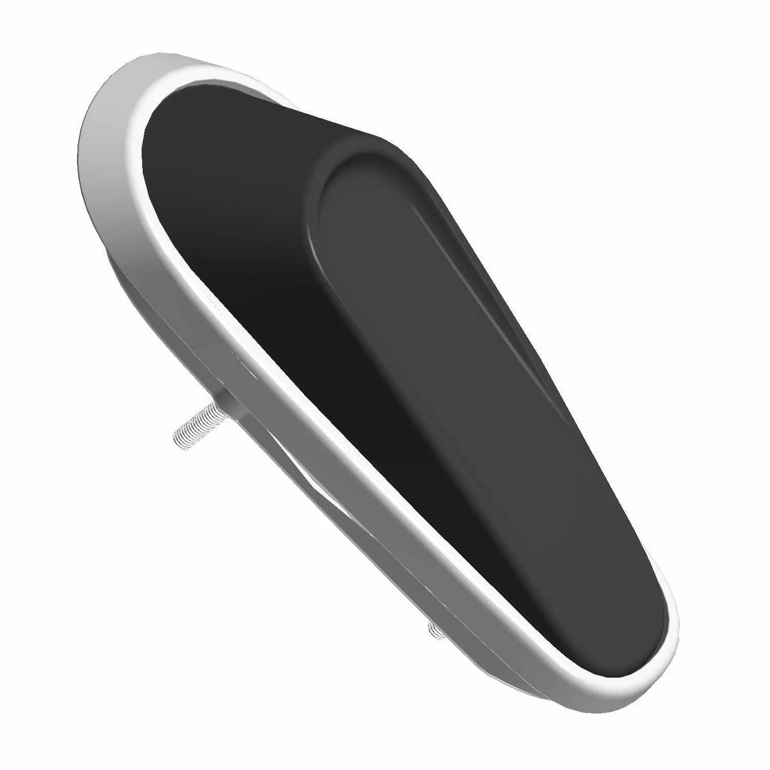 Triangular black tail light with silver trim and mounting pin for motorcycle rear lighting.
