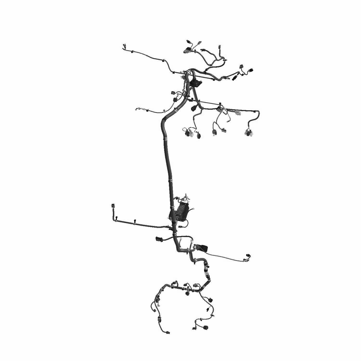 Black vehicle wiring chassis harness with multiple connectors and branching wires.