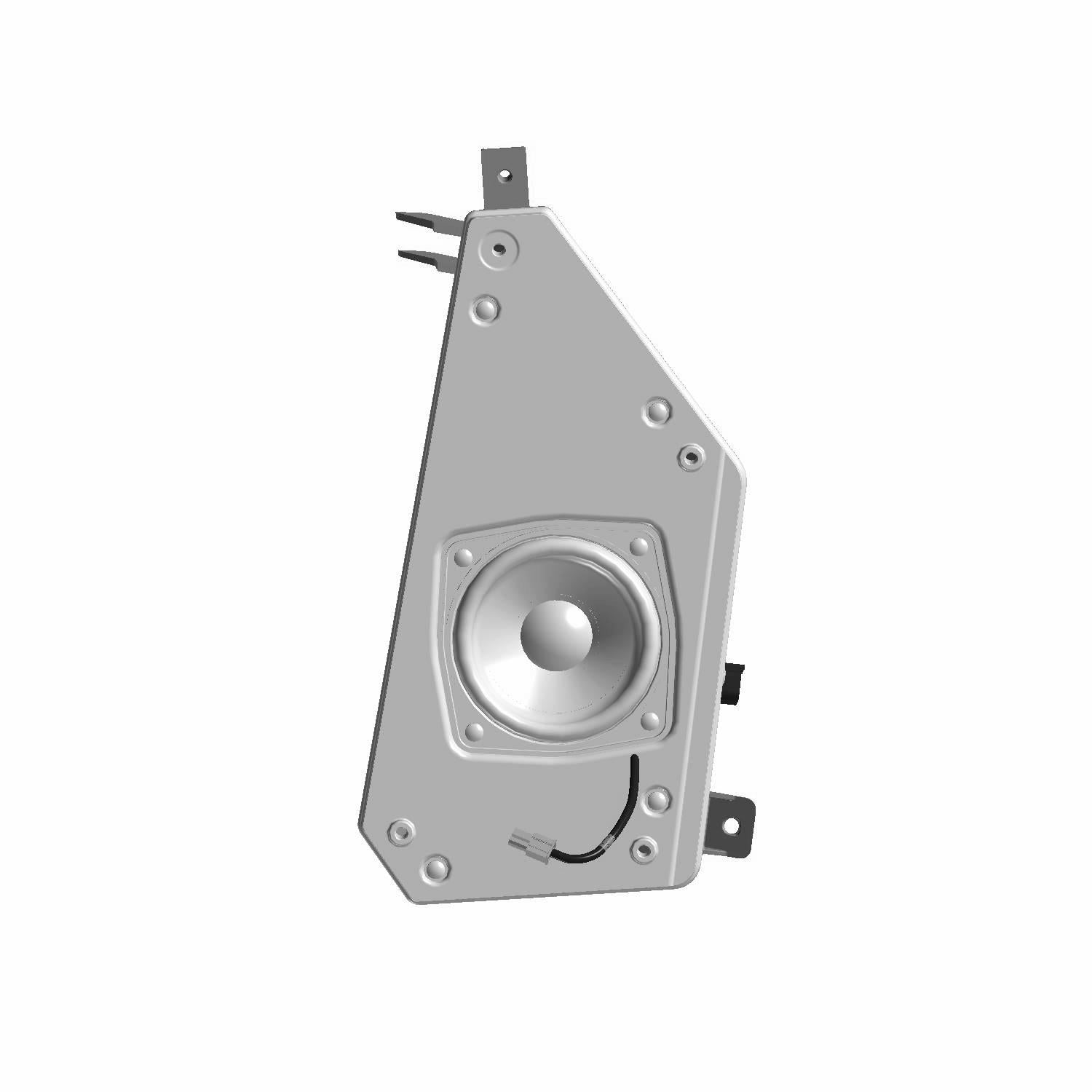 Gray trapezoidal speaker housing with central silver cone and mounting brackets on corners.