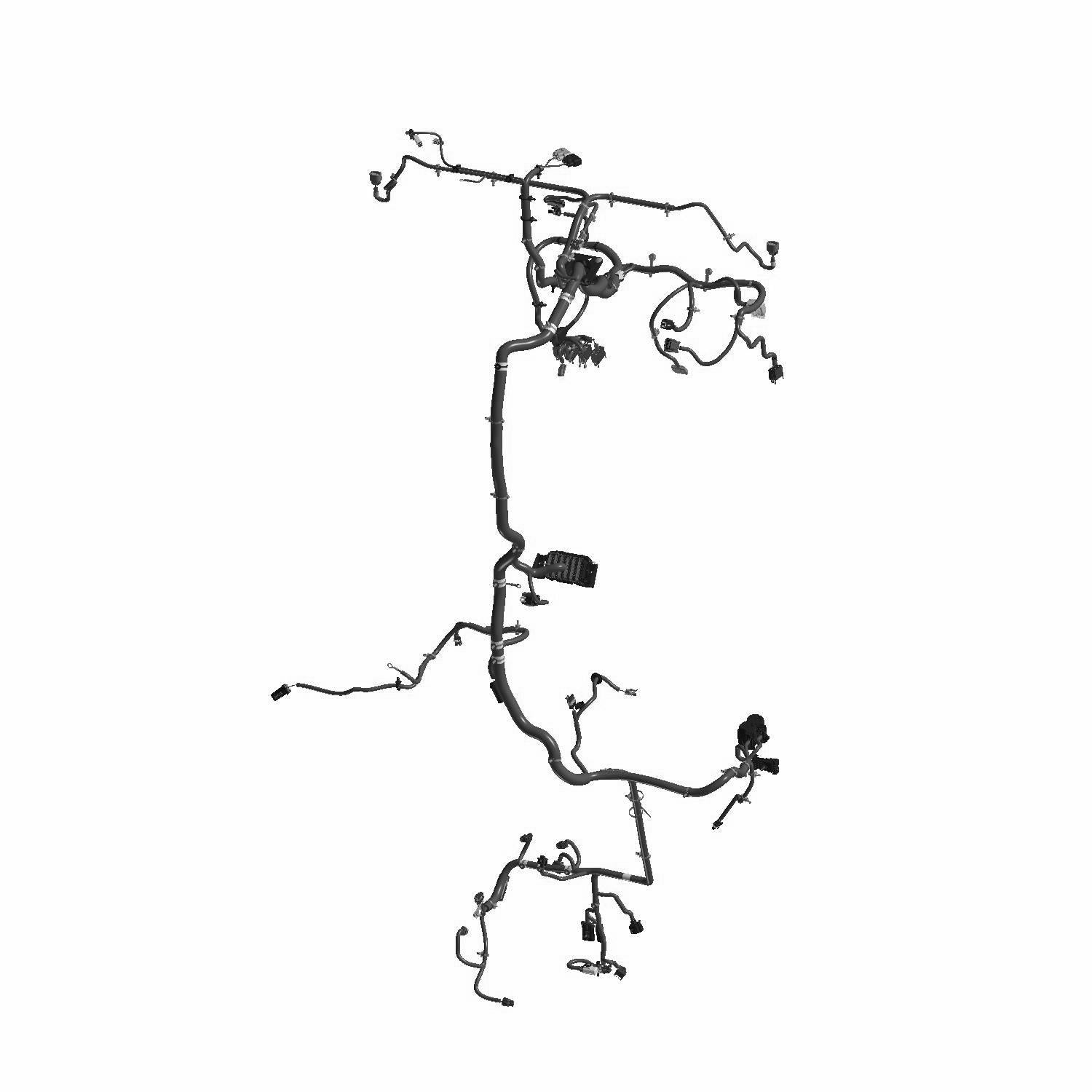 Black complex wiring harness with multiple connectors and clips for offroad vehicle chassis installation.