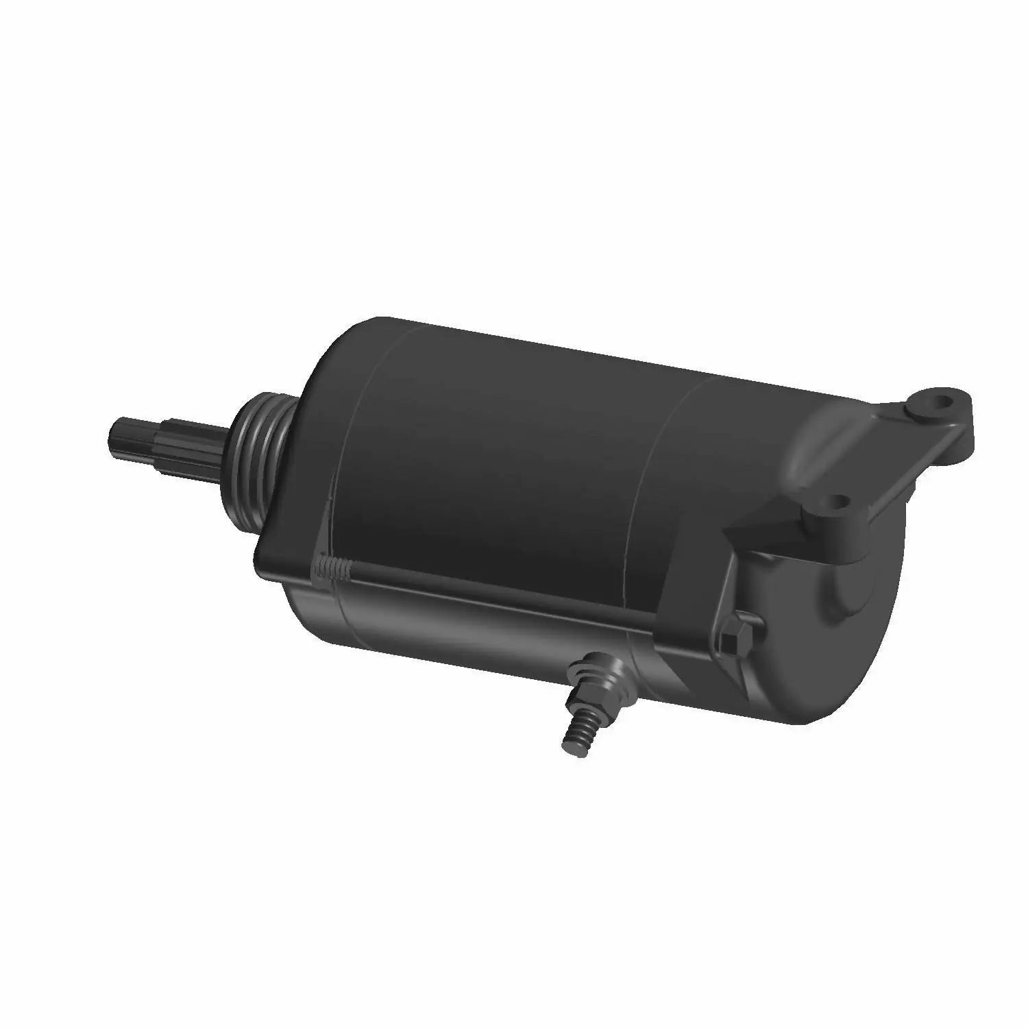 Black cylindrical starter motor with mounting bracket and gear shaft attachment points.