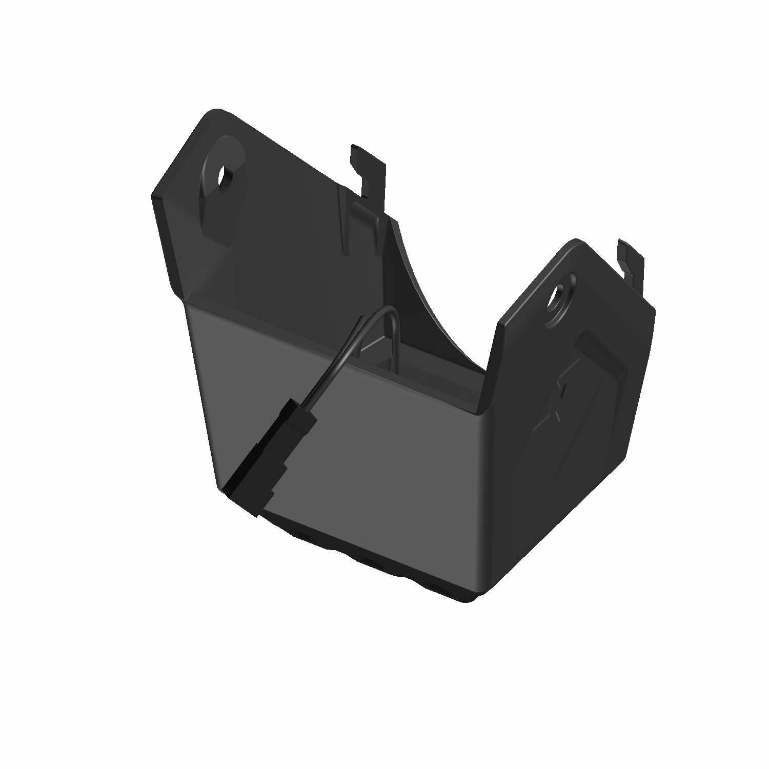 Black angular plastic mounting bracket with two screw holes and clip tabs designed for speaker tweeter installation.