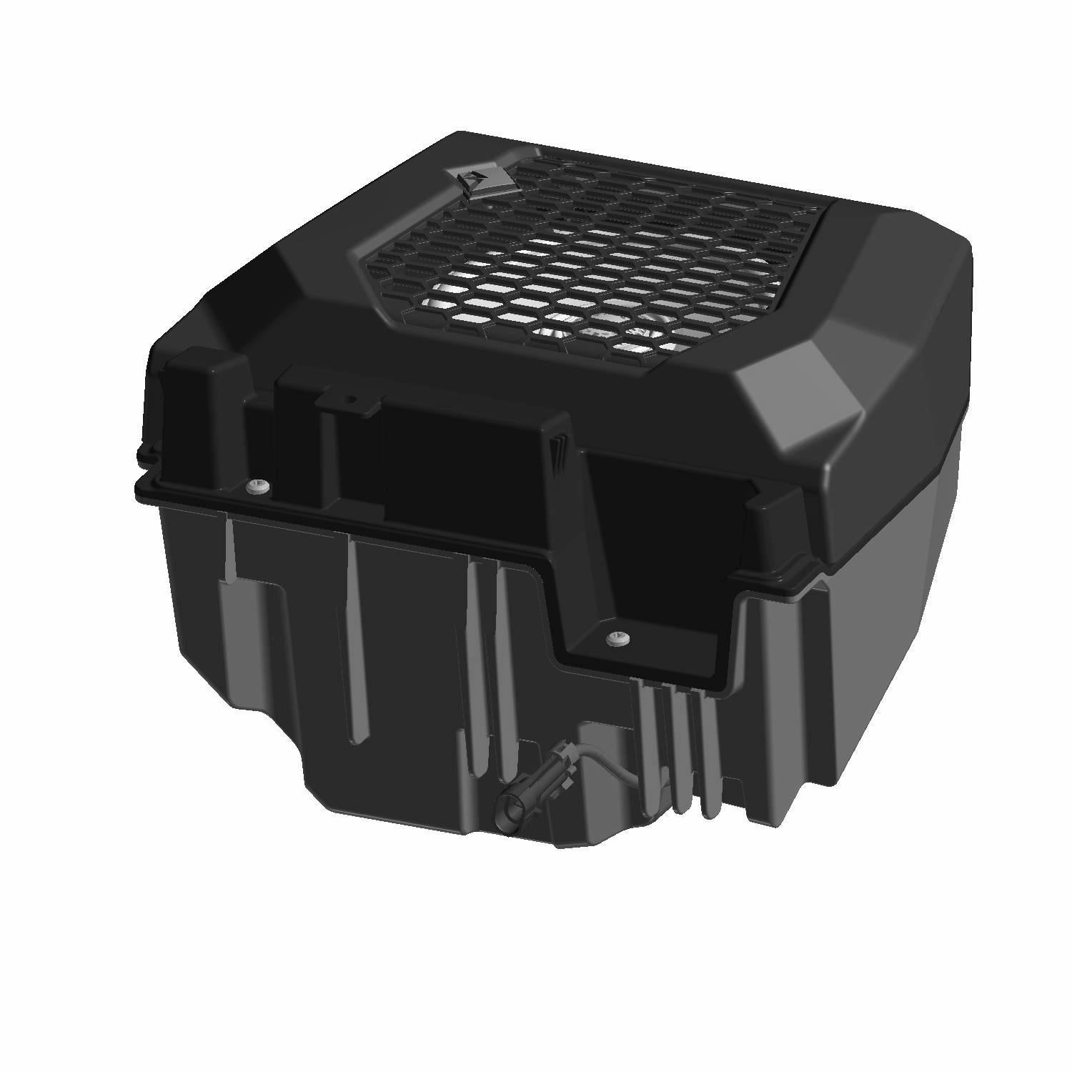 Black rugged rectangular speaker housing with vented grille on top and mounting brackets, designed for Polaris UTV models.