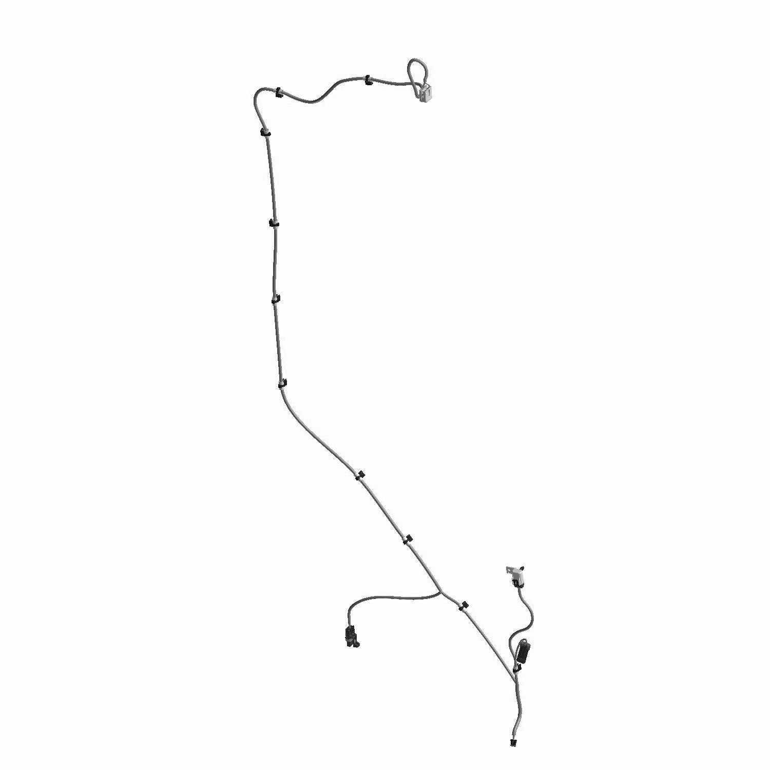 Black wiring harness with multiple connectors and clips for Polaris worklight system.