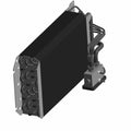 Black rectangular evaporator coil with metal end plates and attached bent metal tubing and valve assembly.