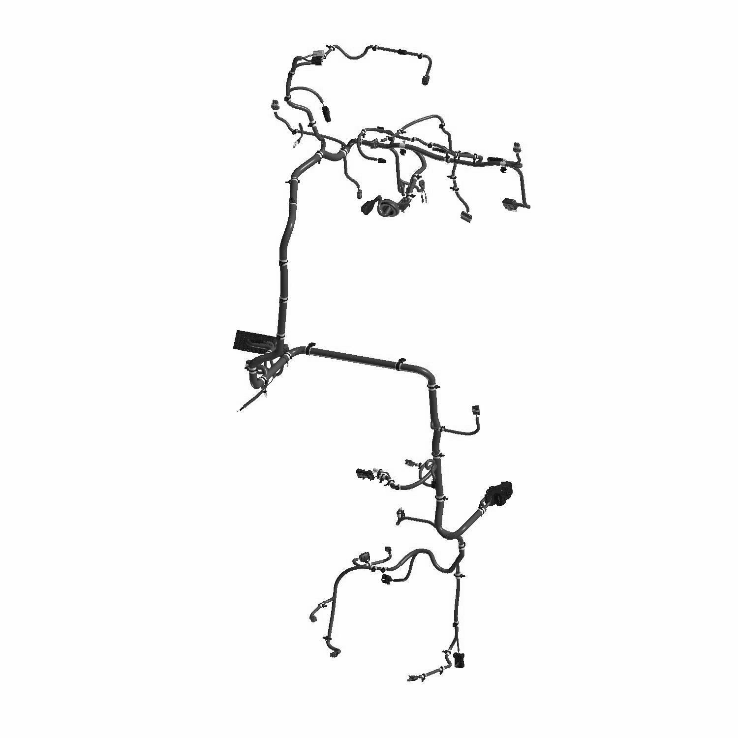 Black molded wiring harness with multiple connectors and branches for Polaris Ranger 570 chassis.