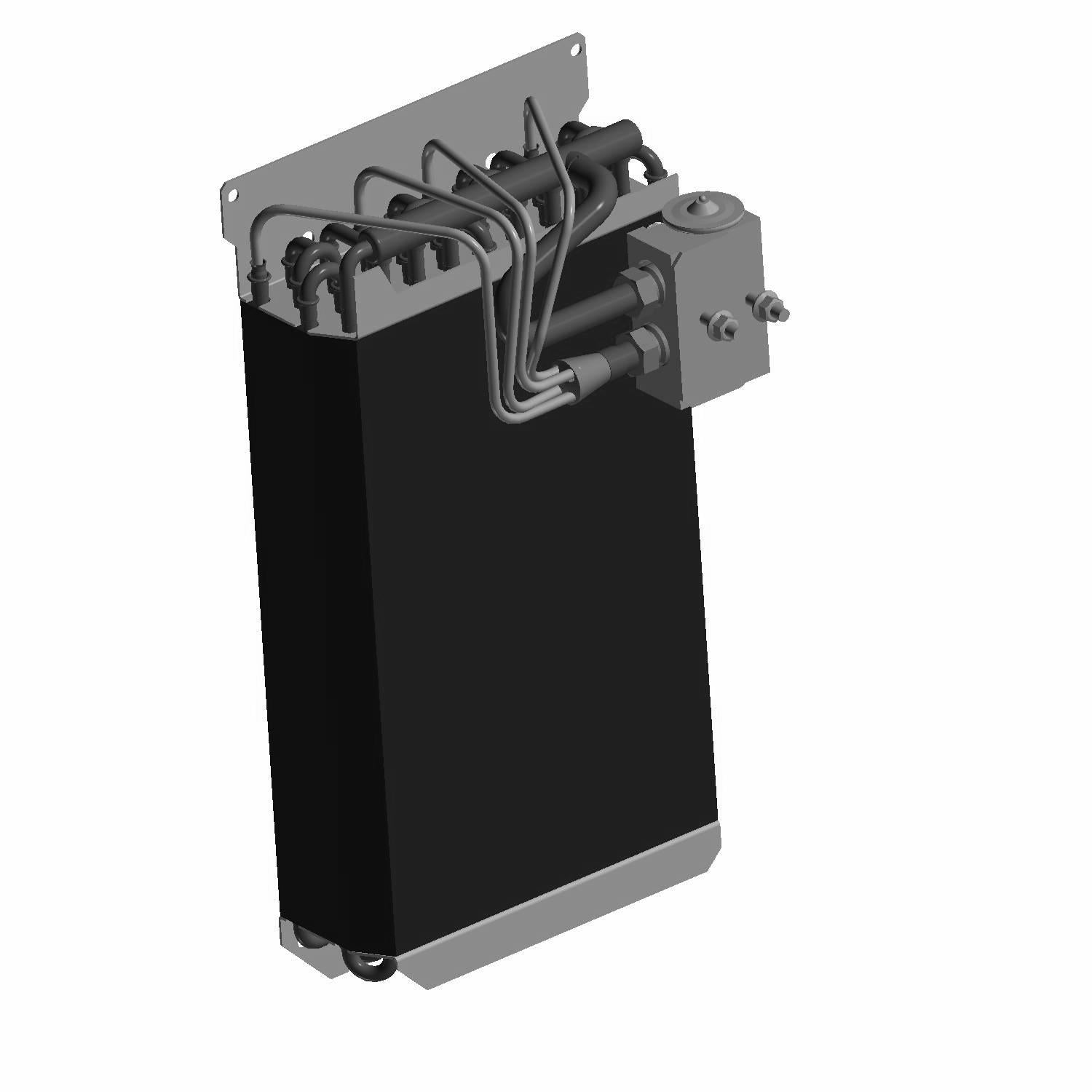 Black rectangular evaporator coil with multiple bent metal tubes and silver mounting brackets.