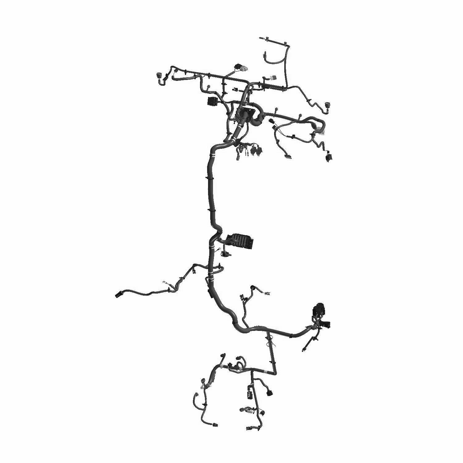 Black wiring harness with multiple connectors and branching cables for Polaris UTV chassis installation.