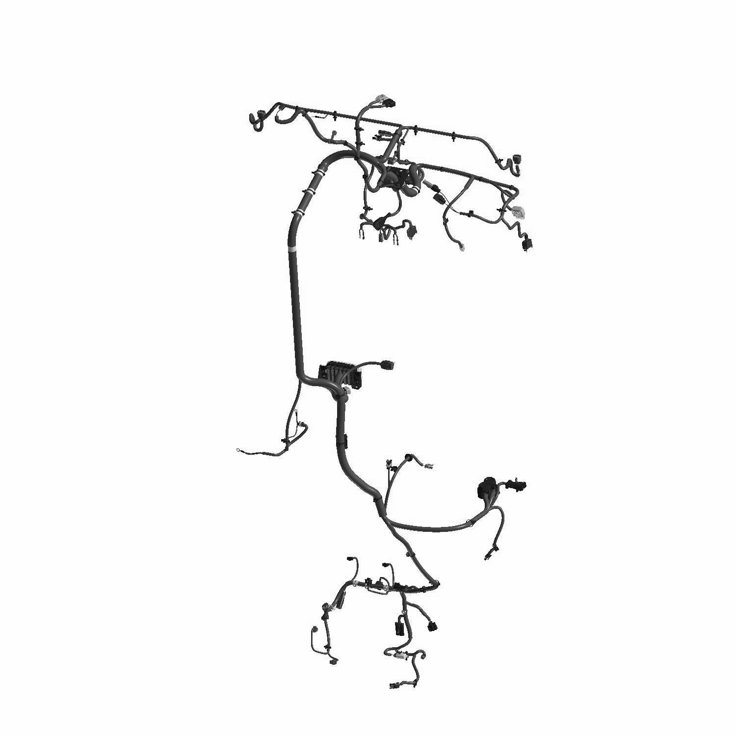 Black automotive chassis wiring harness with multiple connectors and integrated clips.