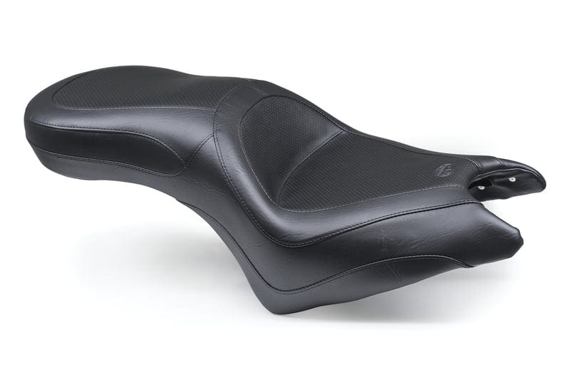 The Standard Touring One-Piece 2-Up Seat by Mustang is a black, contoured seat with smooth and textured panels, a supportive driver backrest, and comfort for both rider and passenger. Displayed on a white background.