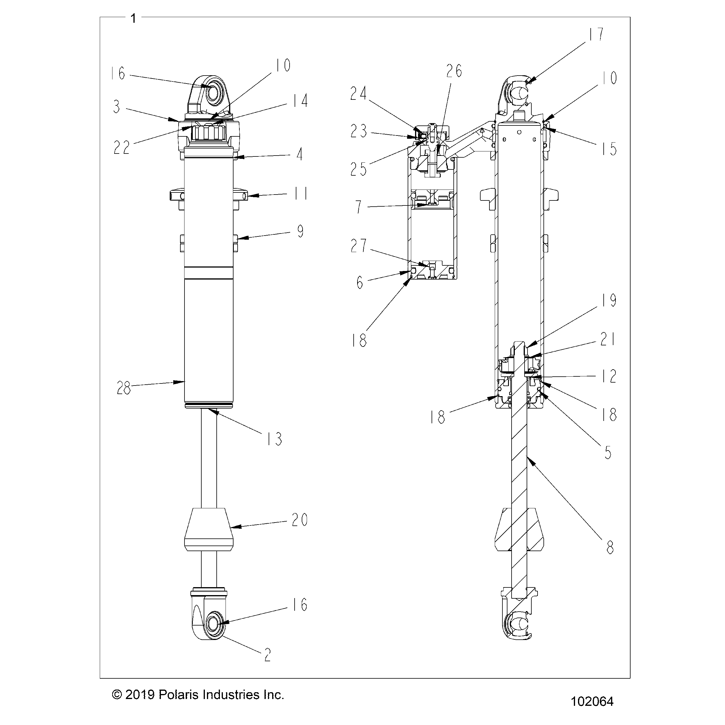 An Image of a Genuine Polaris Parts Schematic Diagram showing the schematic - SUSPENSION: SHOCK FRONT PIGGYBACK LH RH INTERNALS - 2021 POLARIS SPORTSMAN XP 1000 S 55"