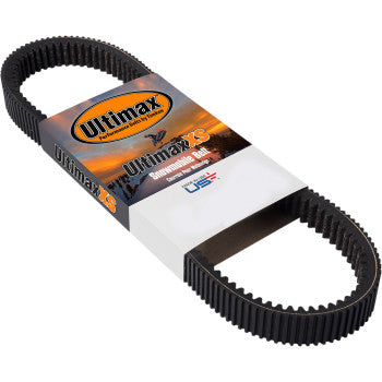 A black Drive Belt Ultimax XS Lynx Ski Doo by Ultimax for high-power snowmobiles, featuring packaging with the brand name, product info, and a sunset background.