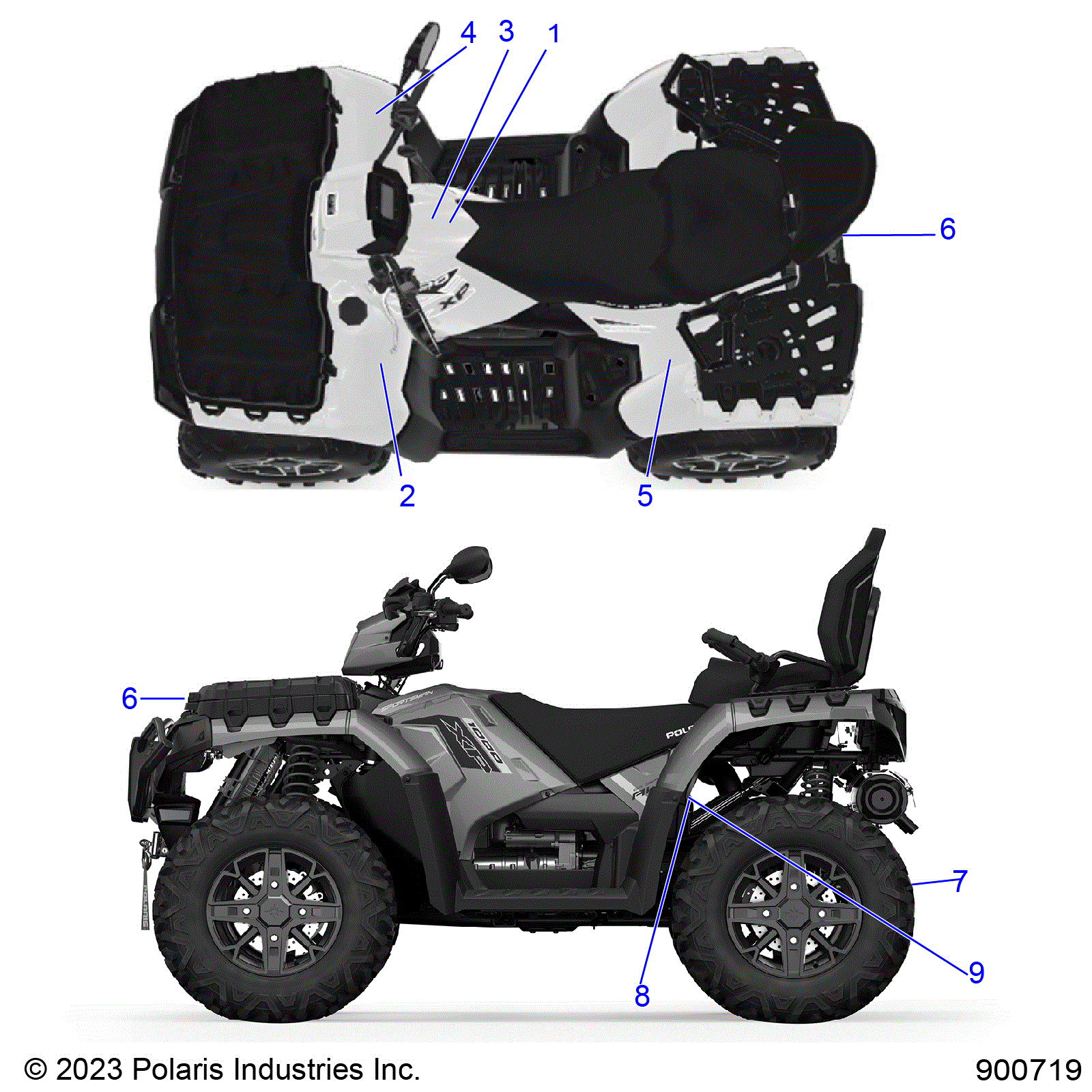 An Image of a Genuine Polaris Parts Schematic Diagram showing the schematic - BODY: DECALS GENERAL - 2025 POLARIS SPORTSMAN TOURING XP 1000