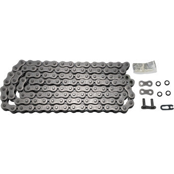 120-link silver metal X ring chain with connecting links and small hardware pieces laid out on white background.