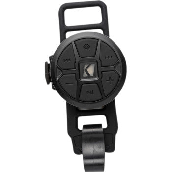 Remote Controller by Kicker: A black wireless remote with buttons for volume, track selection, play/pause, a central logo, and a black plastic strap holder.