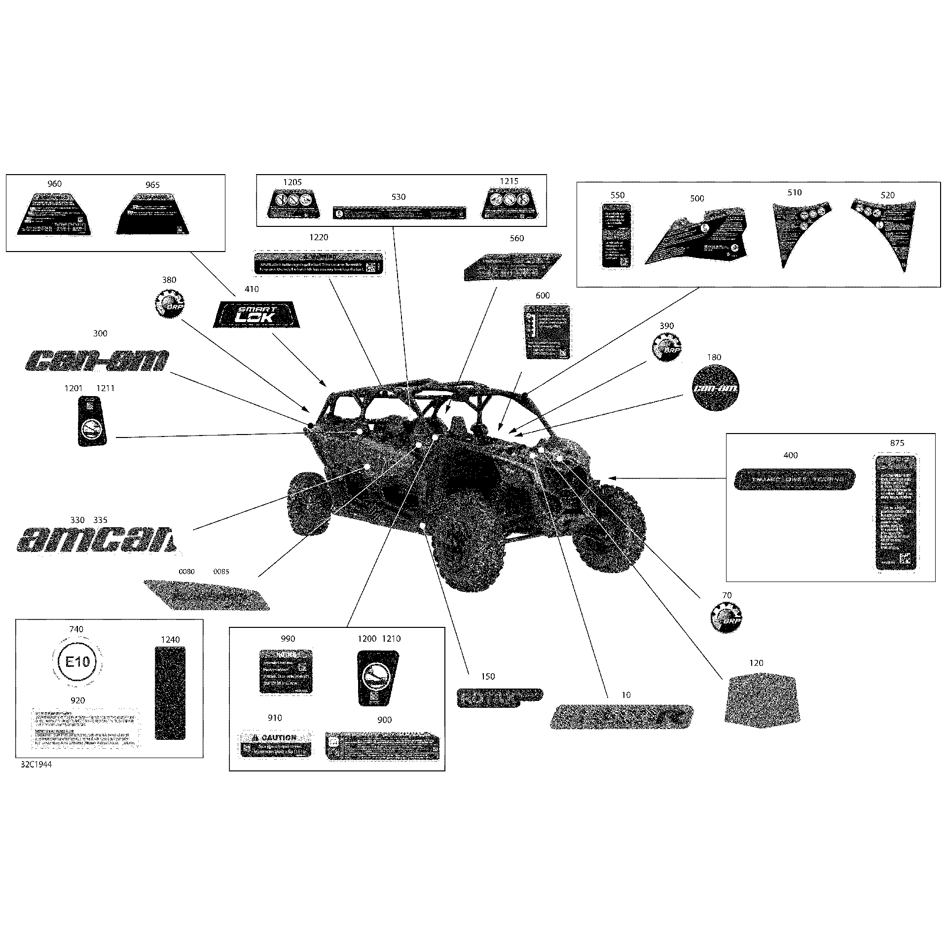 An Image of a Genuine Can-Am Parts Schematic Diagram showing the schematic - DECALS - TURBO R - PACKAGE X DS - NORTH AMERICA