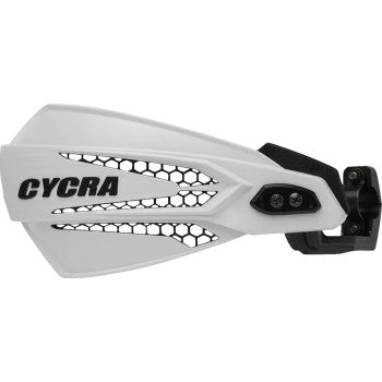 The MX Race Hand Guards White / Black by Cycra feature a black honeycomb vent, black mounting bracket, and two visible bolts. The bold Cycra logo on the guard ensures reliable impact resistance for mx/enduro handlebars.