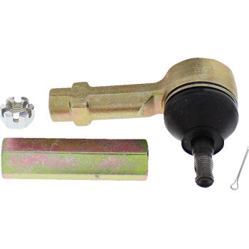 The Tie Rod End Kit by Moose Offroad includes a threaded stud, castellated nut, cotter pin, and rectangular metal spacer on a white background—perfect as an OEM replacement for dependable performance.