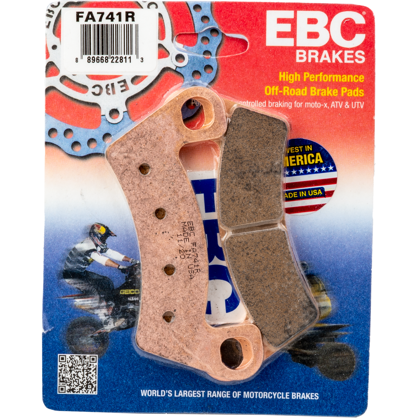 Pair of copper-colored sintered brake pads with curved shape and mounting holes on red and blue branded EBC Brakes packaging.