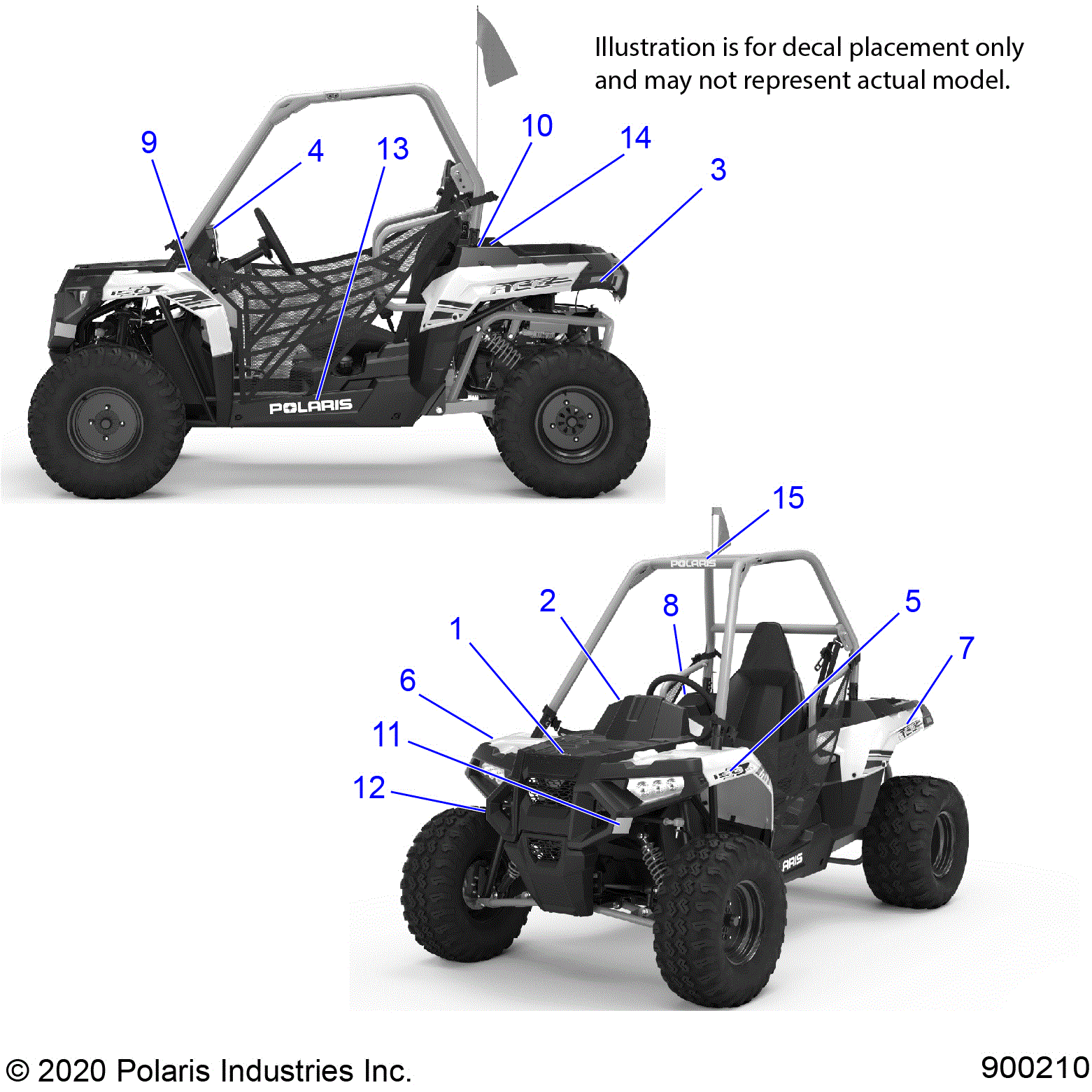 An Image of a Genuine Polaris Parts Schematic Diagram showing the schematic - BODY: DECALS - 2021 POLARIS ACE 150 EFI