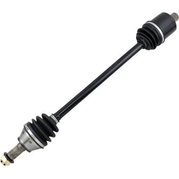 Black metal CV axle shaft with rubber protective boots on both ends and metal joints for offroad vehicle drivetrain.