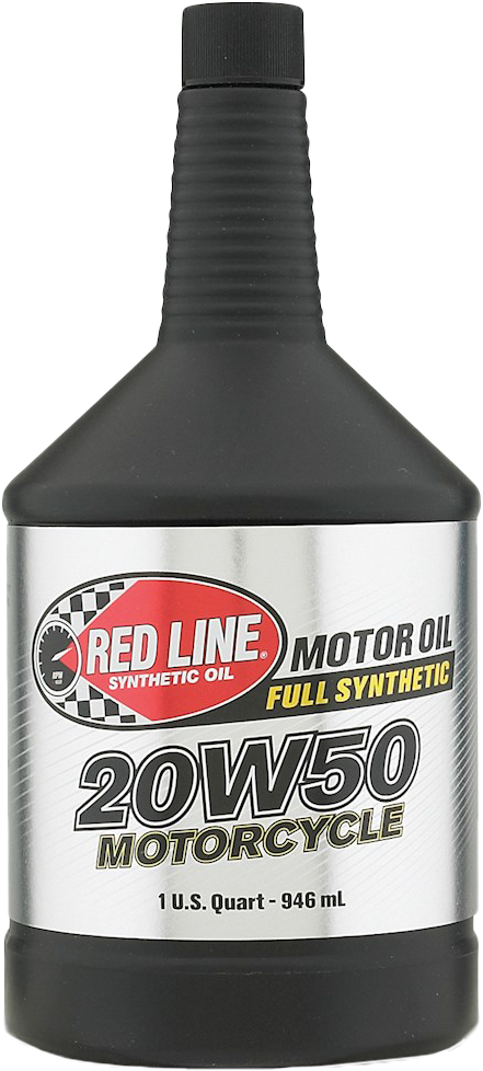 A 1 US quart (946 mL) bottle of Red Line Motor Oil 4T 20W50 features ester base stocks for four-stroke motocross bikes and wet clutches, with a black cap and a silver, black, red, and yellow label.