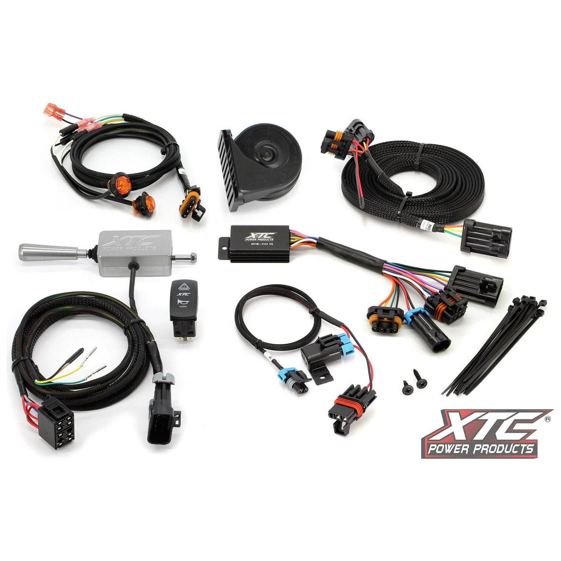 The Auto Turn Signal Kit W/Billet Column Lever by XTC Power is shown laid out with cables, connectors, relay, horn, zip ties, mounting hardware, ATS turn signal lever, switch, control box, and the XTC Power Products logo in the bottom right corner.