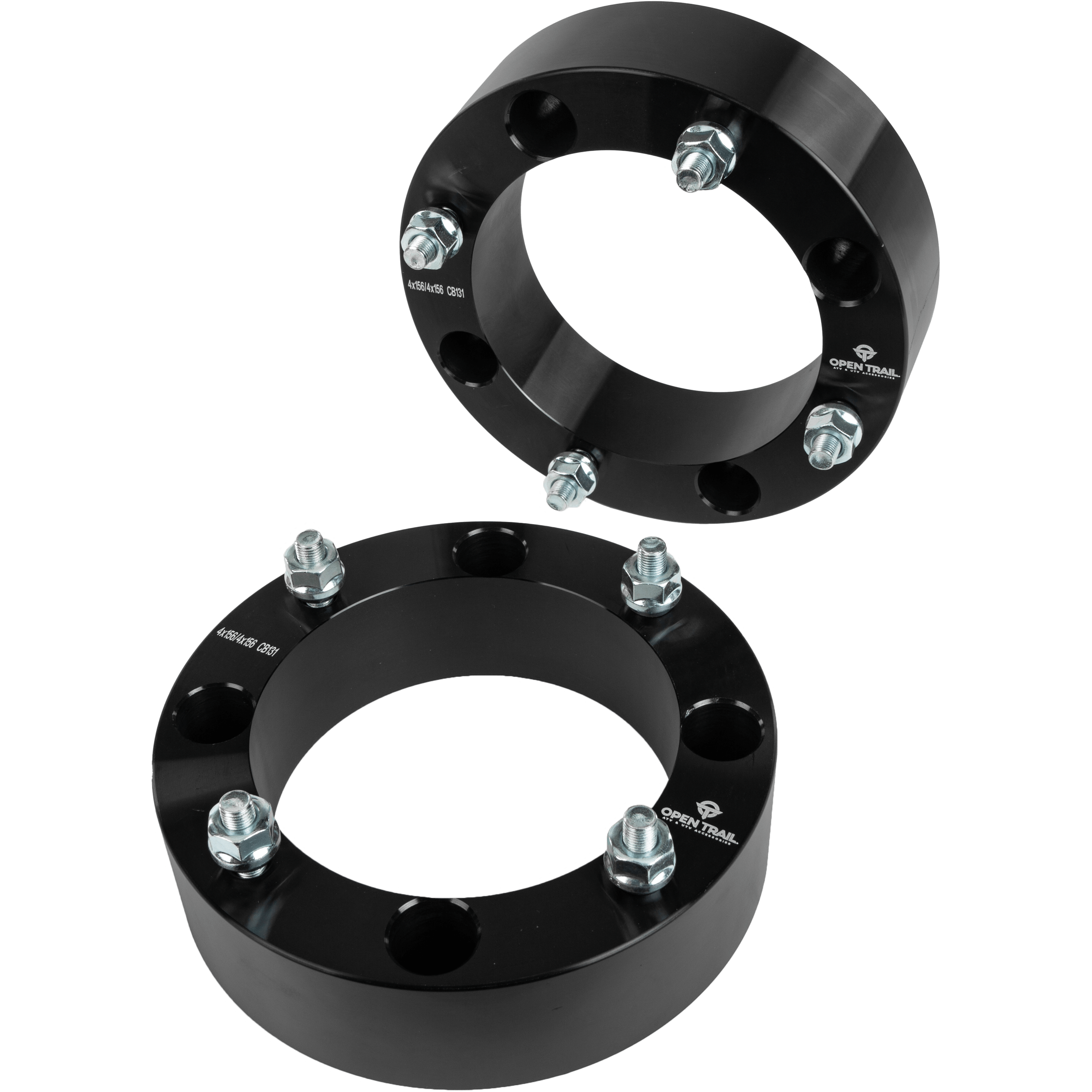 Two black, circular aluminum alloy Wheel Spacer 2 4/156 Stud: 3/8 X 24 by Open Trail, each with five silver bolts, are angled on a white background. Brand markings are visible on their sleek machined finish for improved traction and stability.