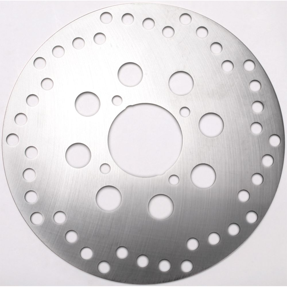 Round silver metal brake rotor with evenly spaced holes around the edge and center for mounting.