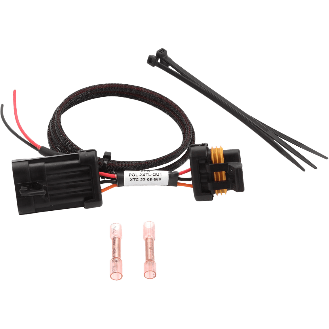 The Tail Light Power Harness Lic. Plate & Whip Lights Pol by XTC Power includes two black connectors, a coiled black wire with red, green, and white leads, three zip ties, and two pink wire connectors on a white background.