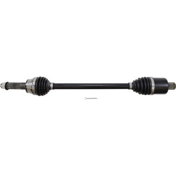 Heavy-duty Polaris Ranger CV axle kit with black metal shaft and rubber CV boots on both ends, includes small metal pin.