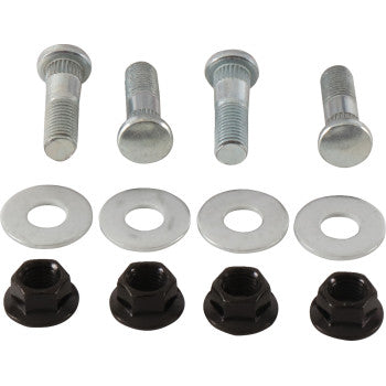The Suzuki KingQuad Wheel Stud Nut Kit Front by Moose Offroad features four silver bolts, round silver washers, and black hex nuts neatly arranged on a white background—ideal for wheel rebuilds.